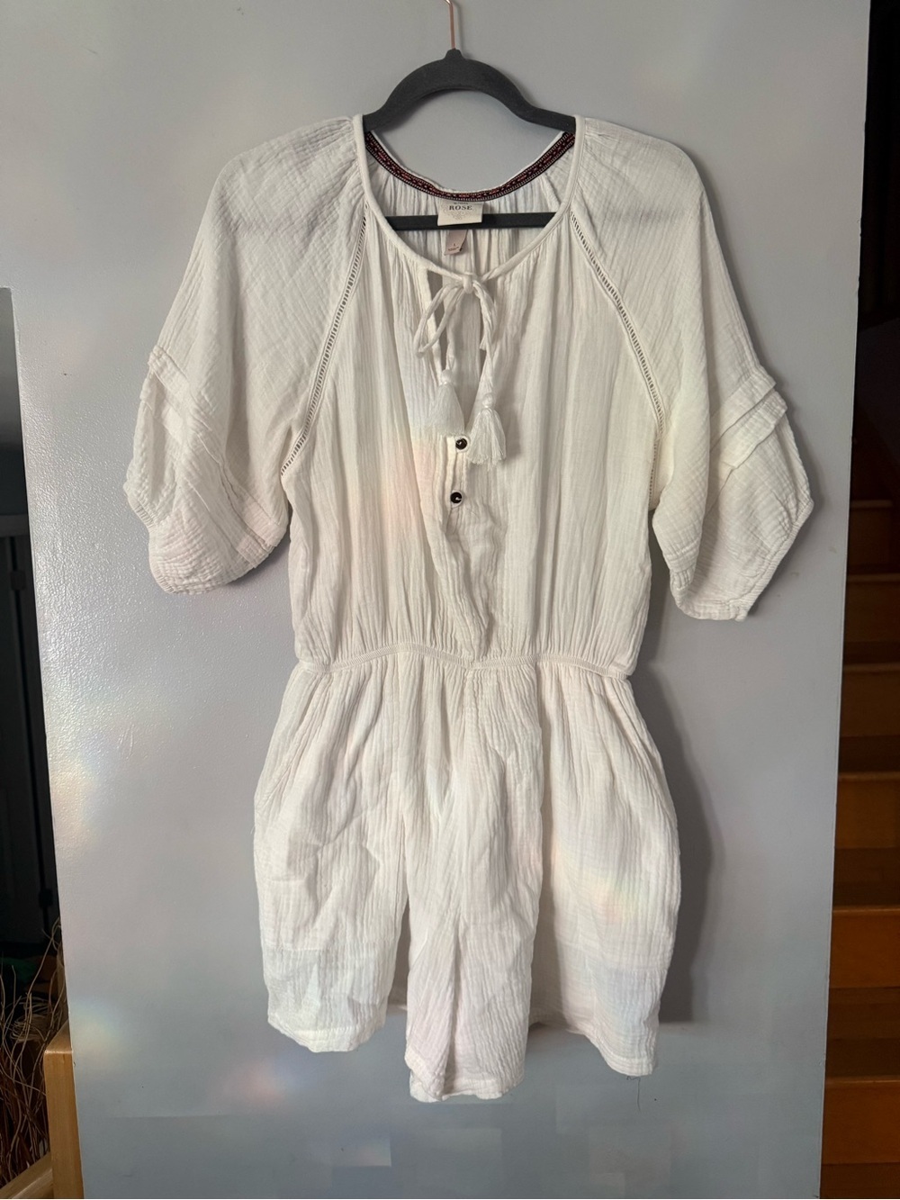 Knox Rose White Gauze Romper with Tassel Tie 100% Cotton Size L